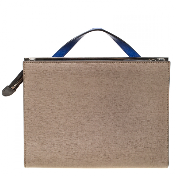 Pre Owned Fendi Beige/Blue Textured Leather Small Demi Jour Top Handle Bag