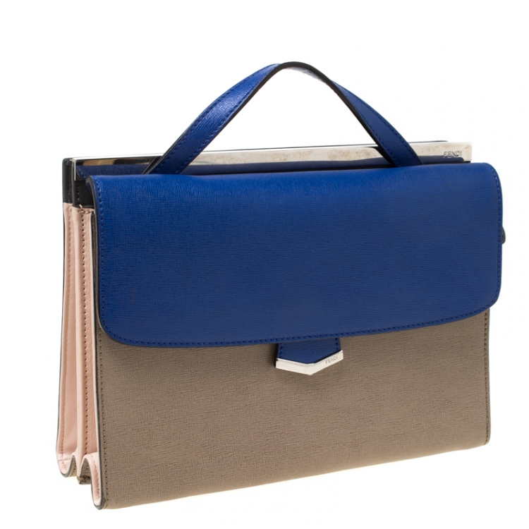 Pre Owned Fendi Beige/Blue Textured Leather Small Demi Jour Top Handle Bag