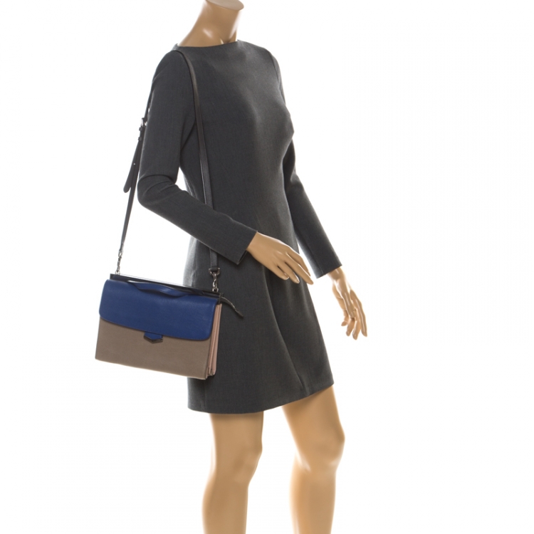 Pre Owned Fendi Beige/Blue Textured Leather Small Demi Jour Top Handle Bag