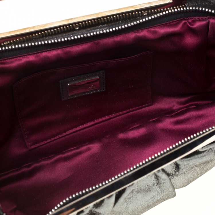 Pre Owned Fendi Metallic Grey Leather Cutout Handle Clutch