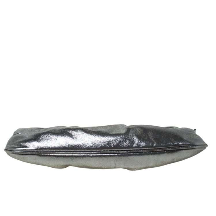 Pre Owned Fendi Metallic Grey Leather Cutout Handle Clutch