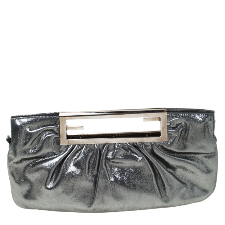 Pre Owned Fendi Metallic Grey Leather Cutout Handle Clutch