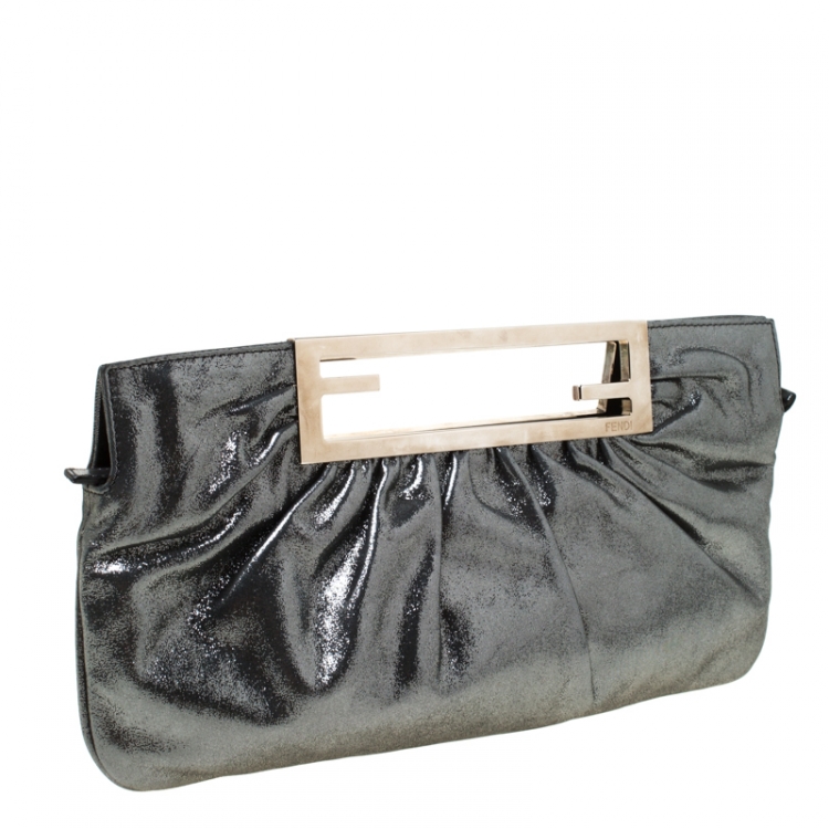 Pre Owned Fendi Metallic Grey Leather Cutout Handle Clutch