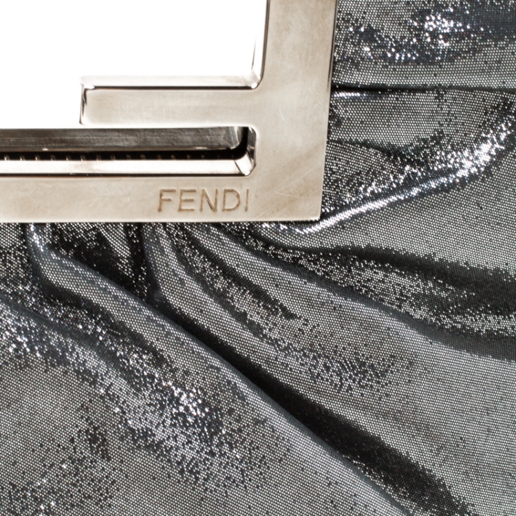 Pre Owned Fendi Metallic Grey Leather Cutout Handle Clutch