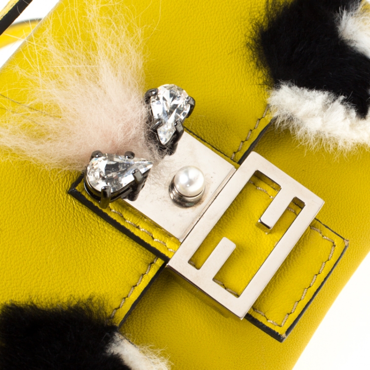 Pre Owned Fendi Yellow Leather and Fur Micro Monster Baguette 