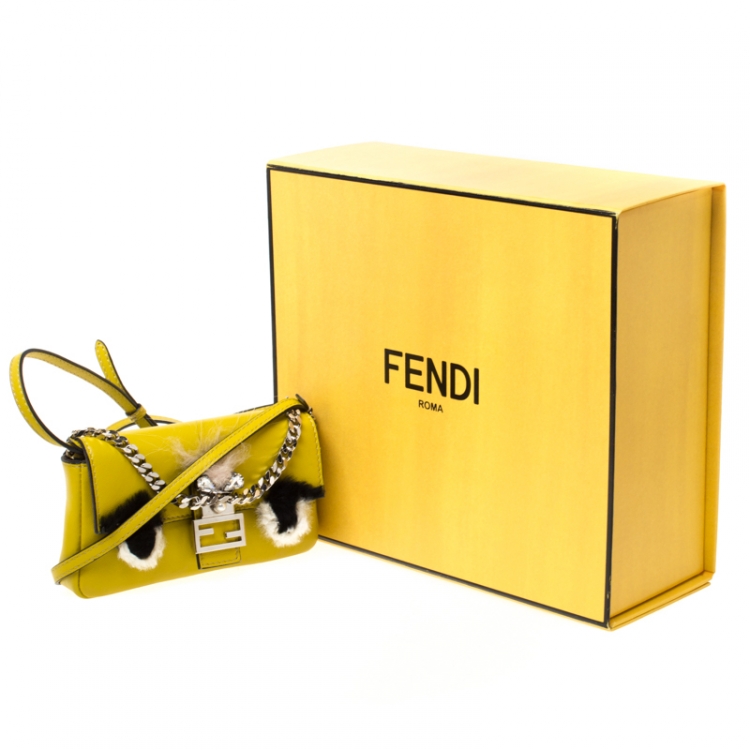 Pre Owned Fendi Yellow Leather and Fur Micro Monster Baguette 