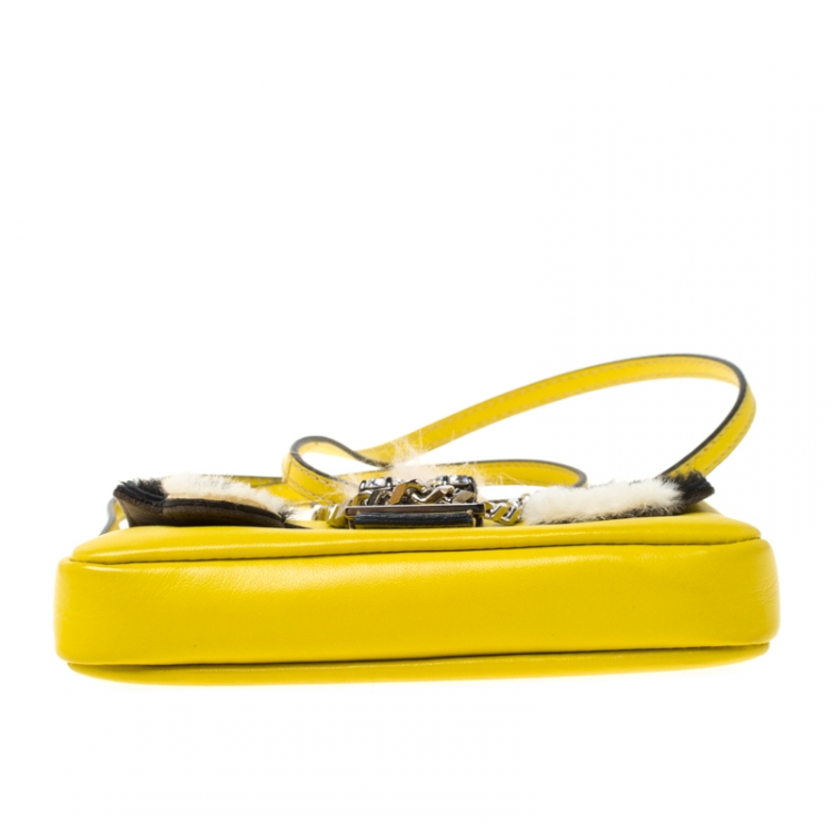Pre Owned Fendi Yellow Leather and Fur Micro Monster Baguette 