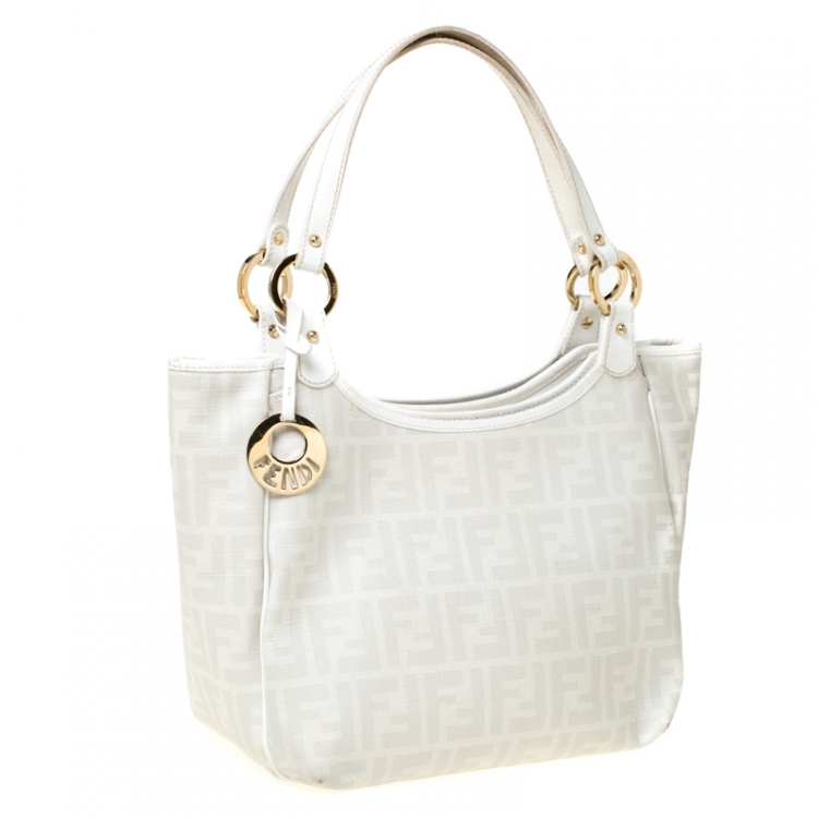 Pre Owned Fendi Off White Zucca Coated Canvas and Patent Leather Chef Shopper Tote