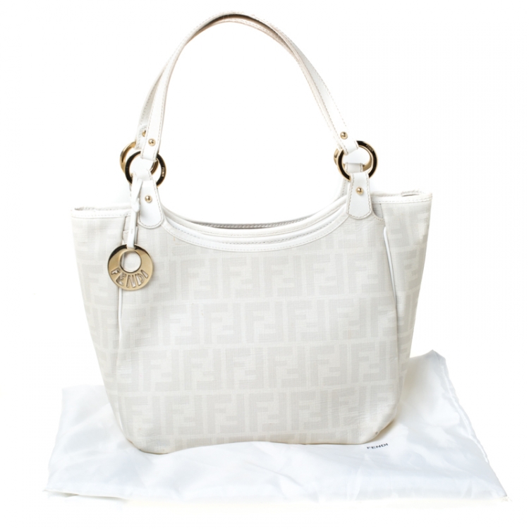 Pre Owned Fendi Off White Zucca Coated Canvas and Patent Leather Chef Shopper Tote