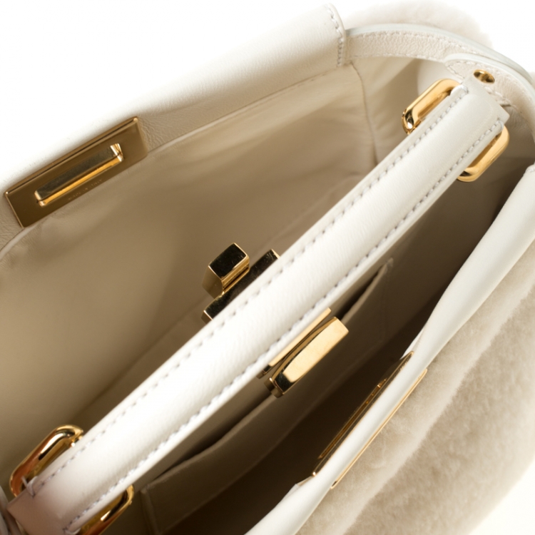 Pre Owned Fendi Cream Shearling and Leather Mini Peekaboo Top Handle Bag
