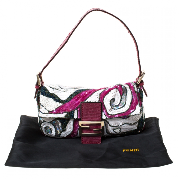 Pre Owned Fendi Multicolor Leather Sequins and Beaded Baguette Shoulder Bag