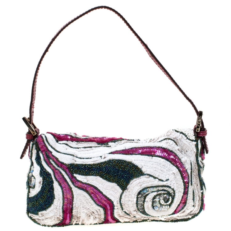 Pre Owned Fendi Multicolor Leather Sequins and Beaded Baguette Shoulder Bag