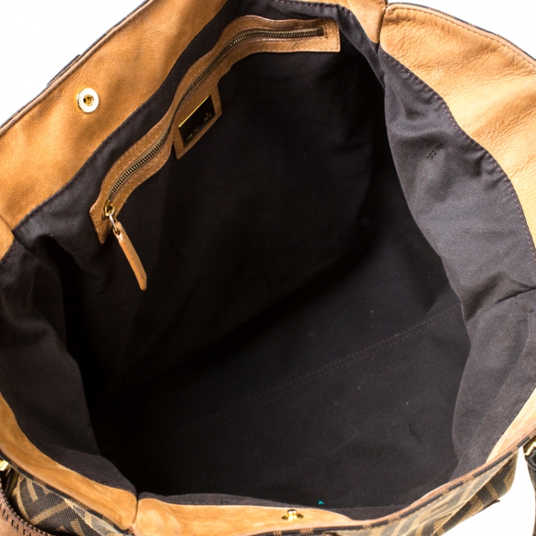 Pre Owned Fendi Brown/Black Zucca Canvas and Nubuck Leather Large Studded De Jour Bag