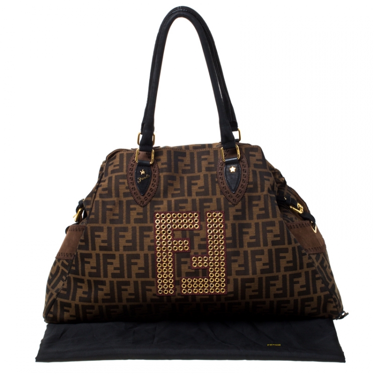Pre Owned Fendi Brown/Black Zucca Canvas and Nubuck Leather Large Studded De Jour Bag