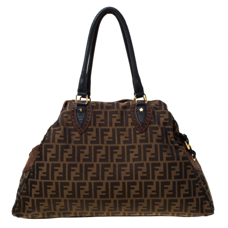 Pre Owned Fendi Brown/Black Zucca Canvas and Nubuck Leather Large Studded De Jour Bag
