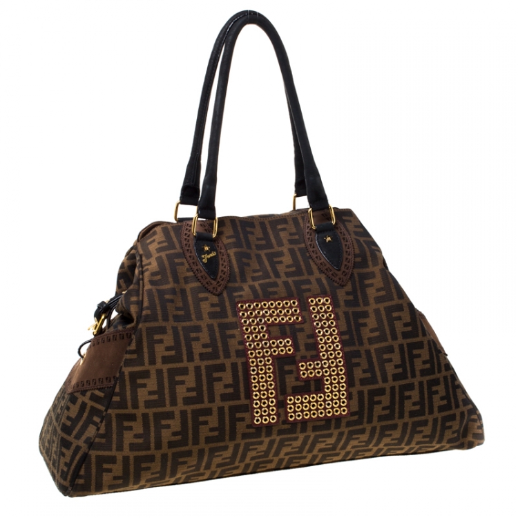 Pre Owned Fendi Brown/Black Zucca Canvas and Nubuck Leather Large Studded De Jour Bag