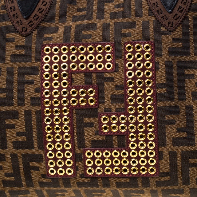 Pre Owned Fendi Brown/Black Zucca Canvas and Nubuck Leather Large Studded De Jour Bag