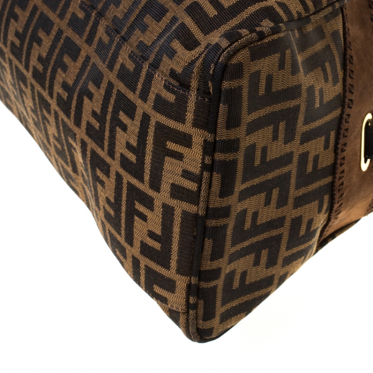 Pre Owned Fendi Brown/Black Zucca Canvas and Nubuck Leather Large Studded De Jour Bag