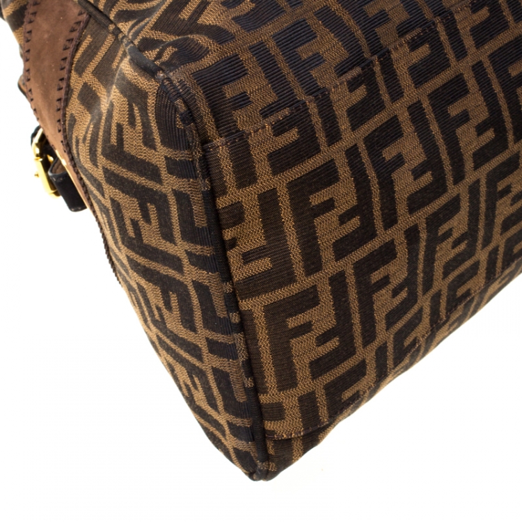Pre Owned Fendi Brown/Black Zucca Canvas and Nubuck Leather Large Studded De Jour Bag