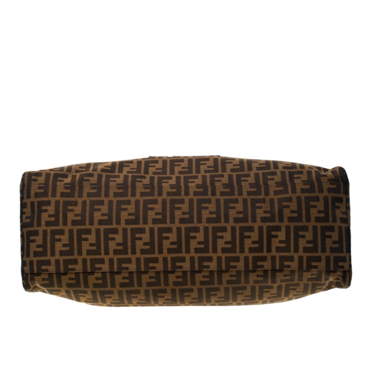 Pre Owned Fendi Brown/Black Zucca Canvas and Nubuck Leather Large Studded De Jour Bag