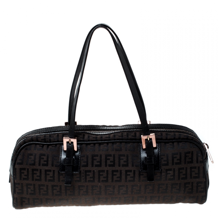 Pre Owned Fendi Brown Zucchino Canvas and Leather Bowler Bag