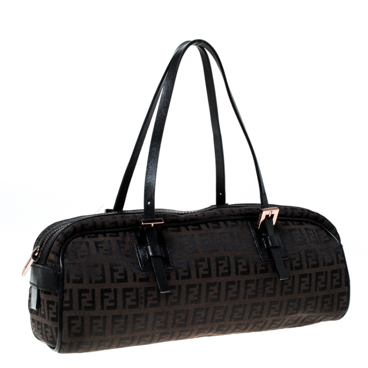 Pre Owned Fendi Brown Zucchino Canvas and Leather Bowler Bag