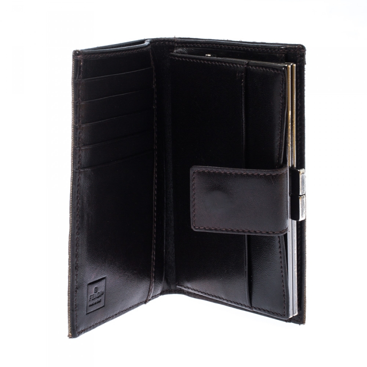 Pre Owned Fendi Zucchino Canvas and Leather Kiss Lock Compact Wallet