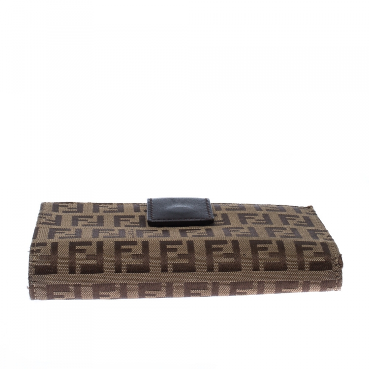 Pre Owned Fendi Zucchino Canvas and Leather Kiss Lock Compact Wallet