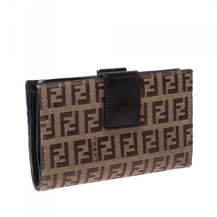 Pre Owned Fendi Zucchino Canvas and Leather Kiss Lock Compact Wallet