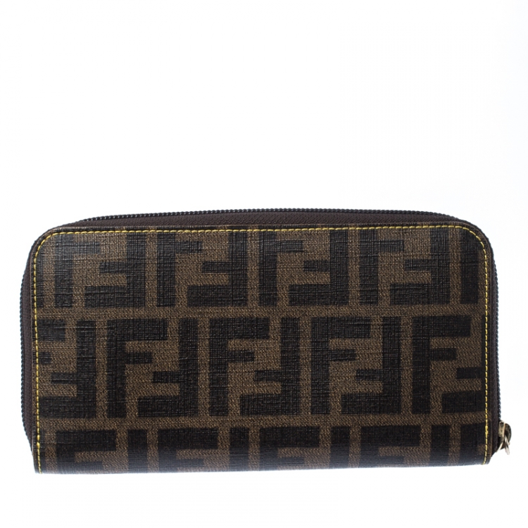Pre Owned Fendi Black/Brown Zucca Coated Canvas Zip Around Wallet