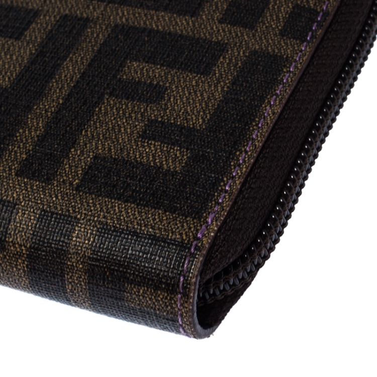 Pre Owned Fendi Tobacco Zucca Coated Canvas Zip Around Wallet 