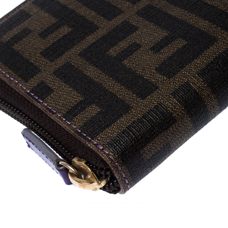 Pre Owned Fendi Tobacco Zucca Coated Canvas Zip Around Wallet 