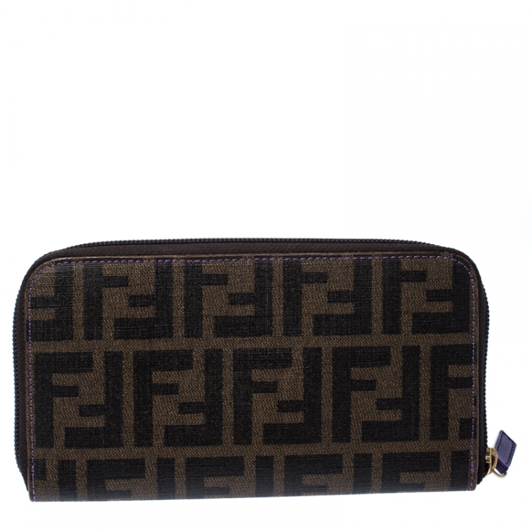 Pre Owned Fendi Tobacco Zucca Coated Canvas Zip Around Wallet 