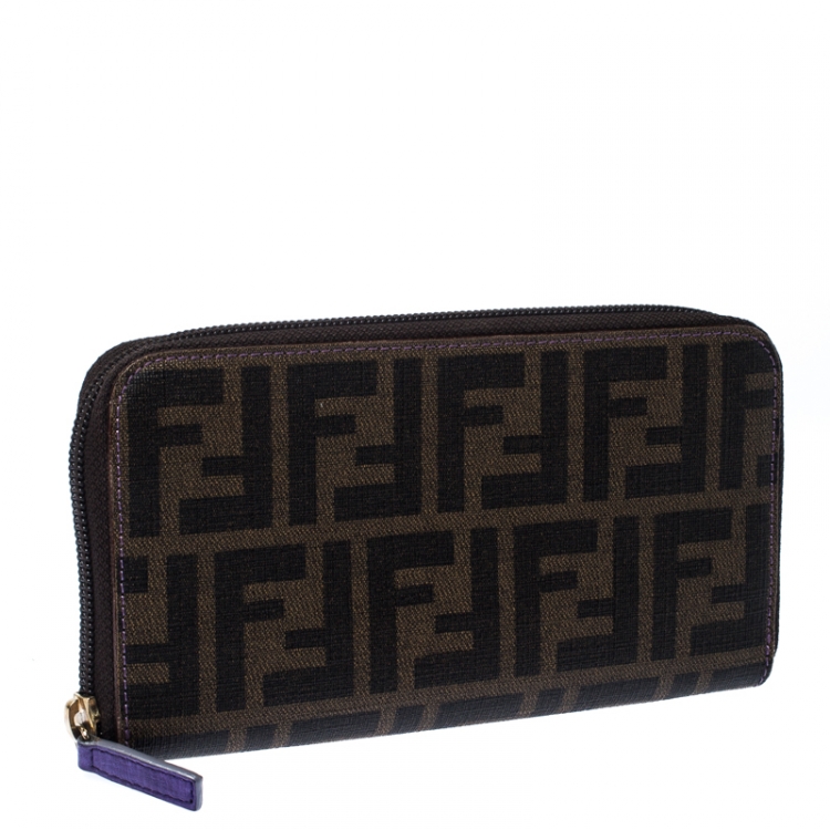 Pre Owned Fendi Tobacco Zucca Coated Canvas Zip Around Wallet 