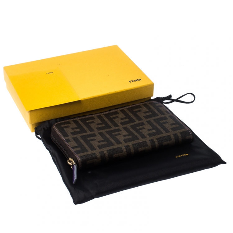 Pre Owned Fendi Tobacco Zucca Coated Canvas Zip Around Wallet 