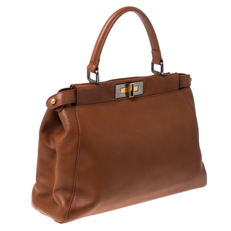 Pre Owned Fendi Tan Leather Medium Peekaboo Top Handle Bag