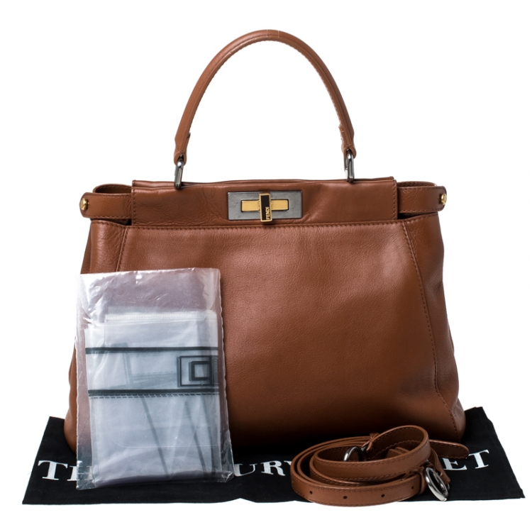 Pre Owned Fendi Tan Leather Medium Peekaboo Top Handle Bag