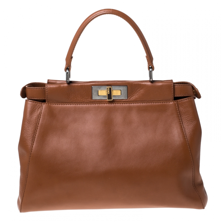 Pre Owned Fendi Tan Leather Medium Peekaboo Top Handle Bag