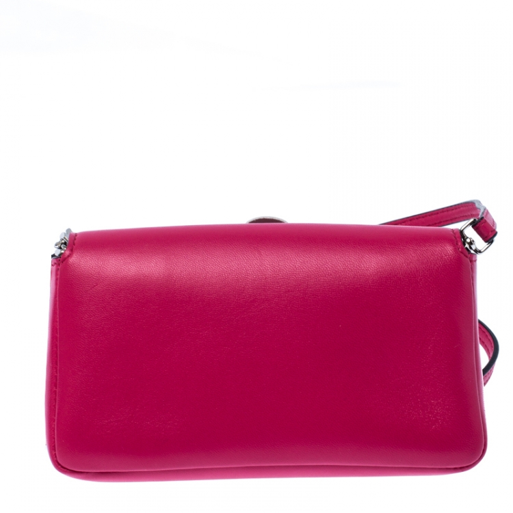 Pre Owned Fendi Magenta Leather and Fur Trim Micro Buggie Baguette Shoulder Bag