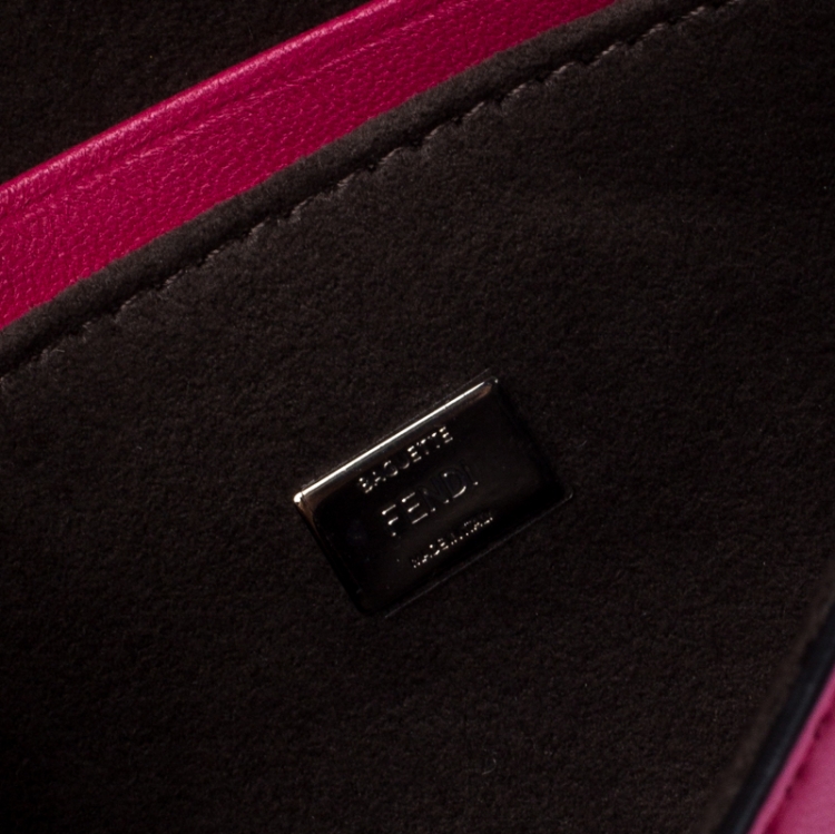 Pre Owned Fendi Magenta Leather and Fur Trim Micro Buggie Baguette Shoulder Bag