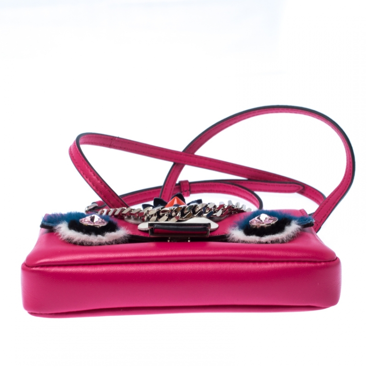 Pre Owned Fendi Magenta Leather and Fur Trim Micro Buggie Baguette Shoulder Bag