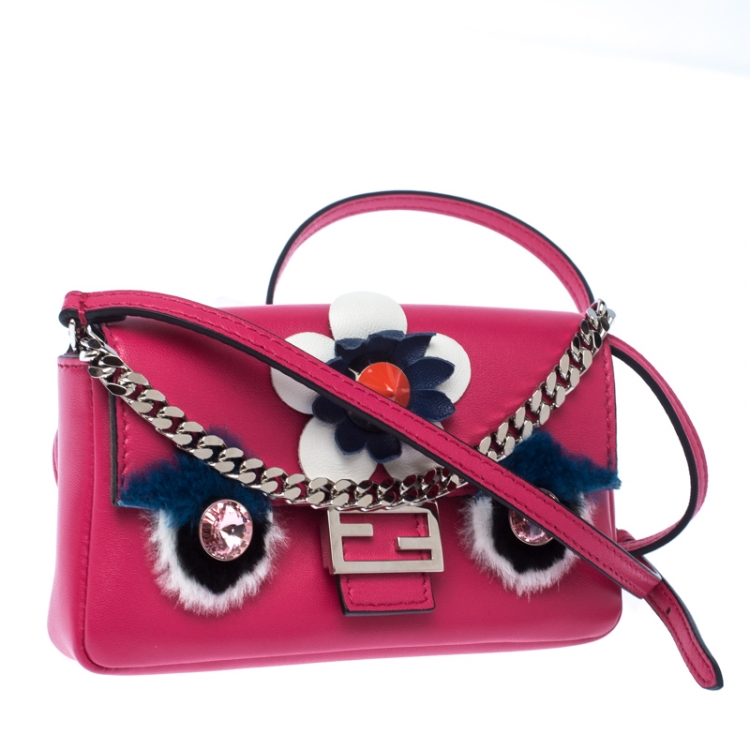Pre Owned Fendi Magenta Leather and Fur Trim Micro Buggie Baguette Shoulder Bag