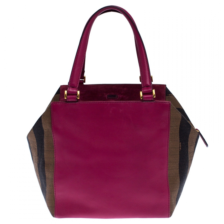 Pre Owned Fendi Tobacco/Magenta Stripe Pequin Canvas and Leather Satchel
