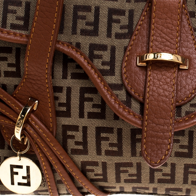 Pre Owned Fendi Beige/Tan Zucchino Canvas and leather Mini Satchel