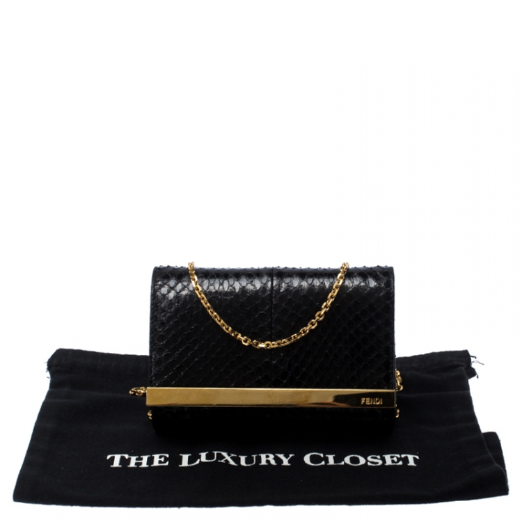 Pre Owned Fendi Black Python Leather Mini Rush Evening Clutch