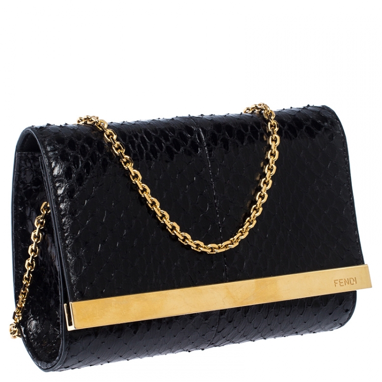 Pre Owned Fendi Black Python Leather Mini Rush Evening Clutch