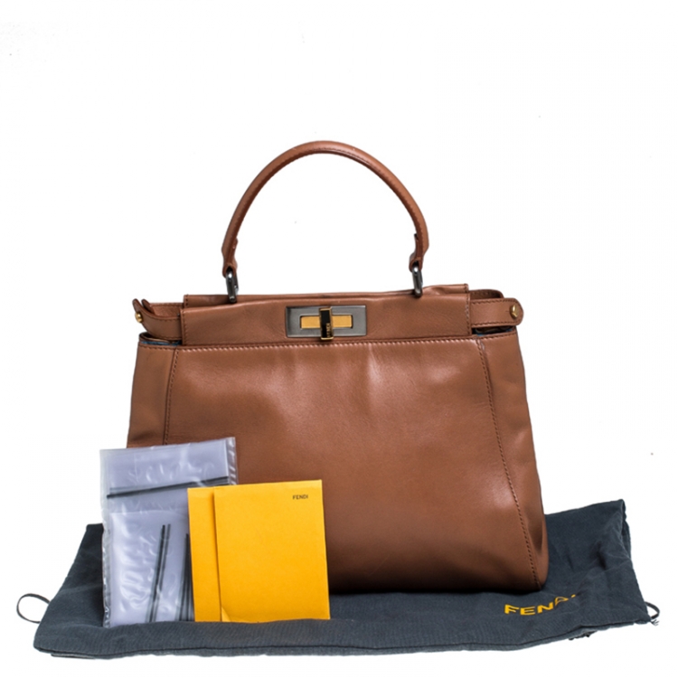 Pre Owned Fendi Light Brown Leather Medium Peekaboo Top Handle Bag