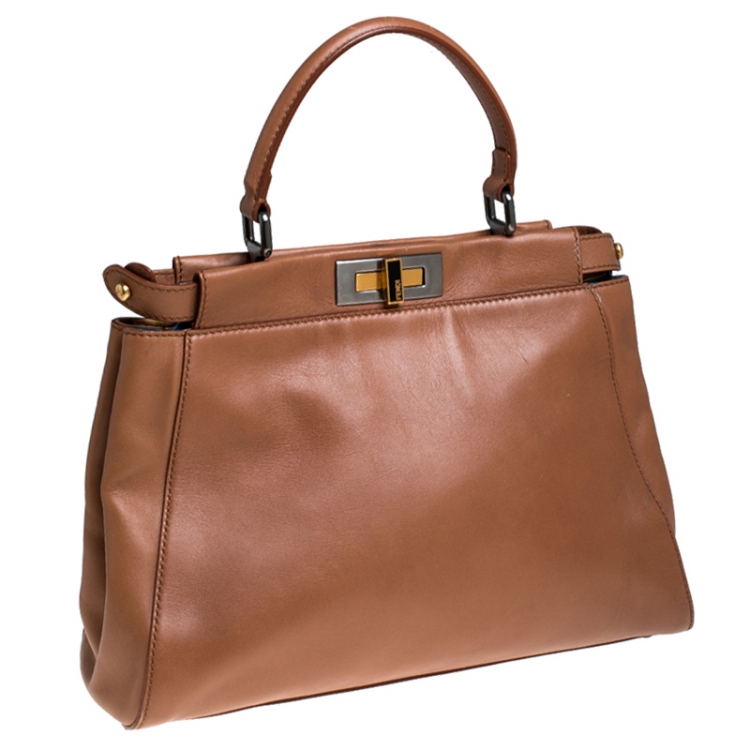 Pre Owned Fendi Light Brown Leather Medium Peekaboo Top Handle Bag