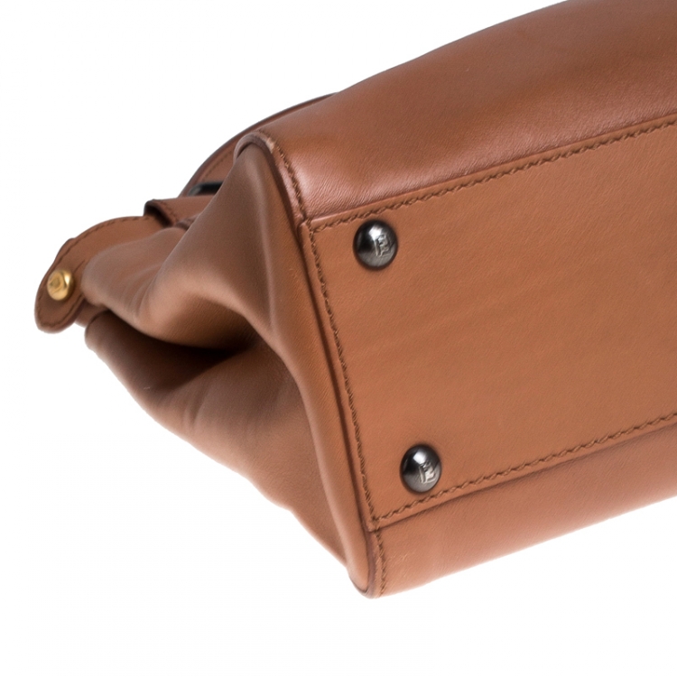 Pre Owned Fendi Light Brown Leather Medium Peekaboo Top Handle Bag