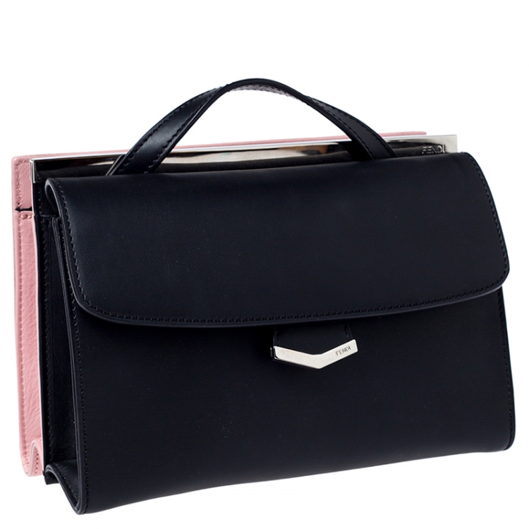 Pre Owned Fendi Black/Pink Textured Leather Mini Demi Jour Top Handle Bag